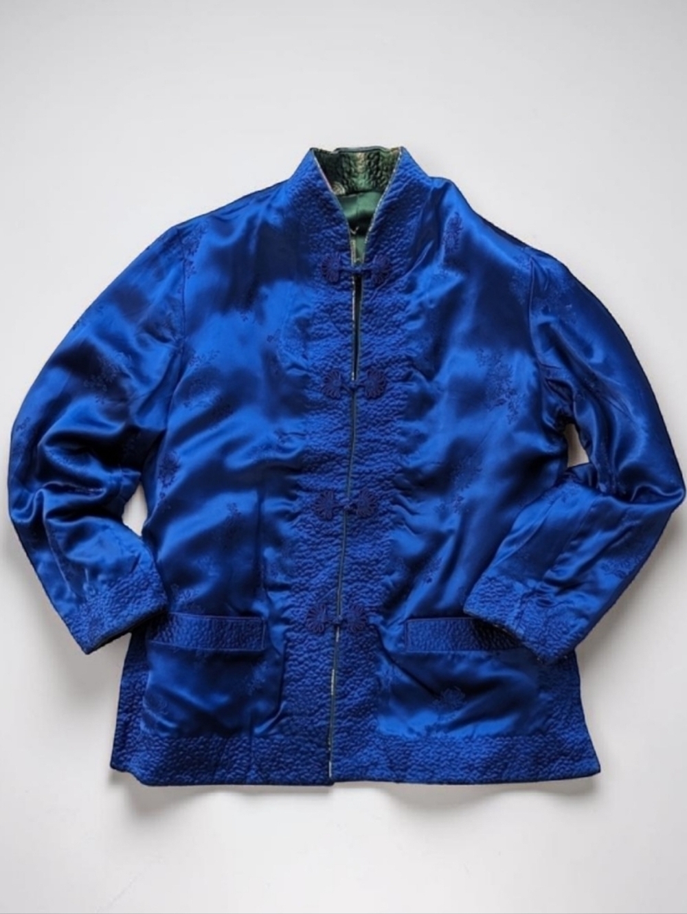 Vintage 70s Reversible Silk Satin Jacket Blue Green Embroidered Mandarin Collar